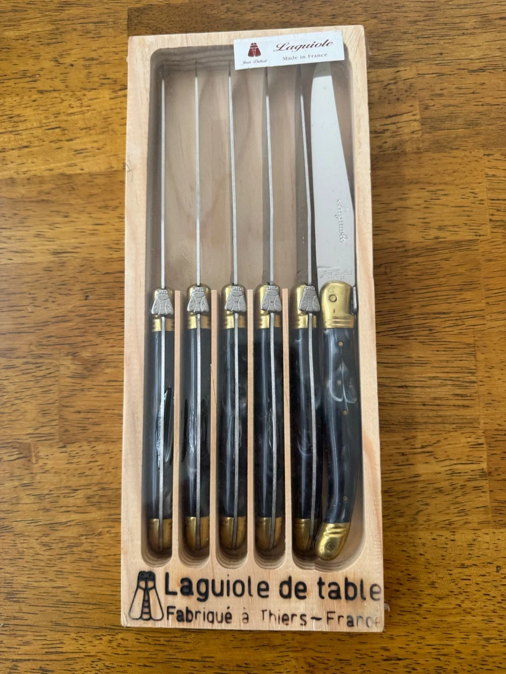 Laguiole Black Handle 6-Piece Steak Knife Set with Brass Accents